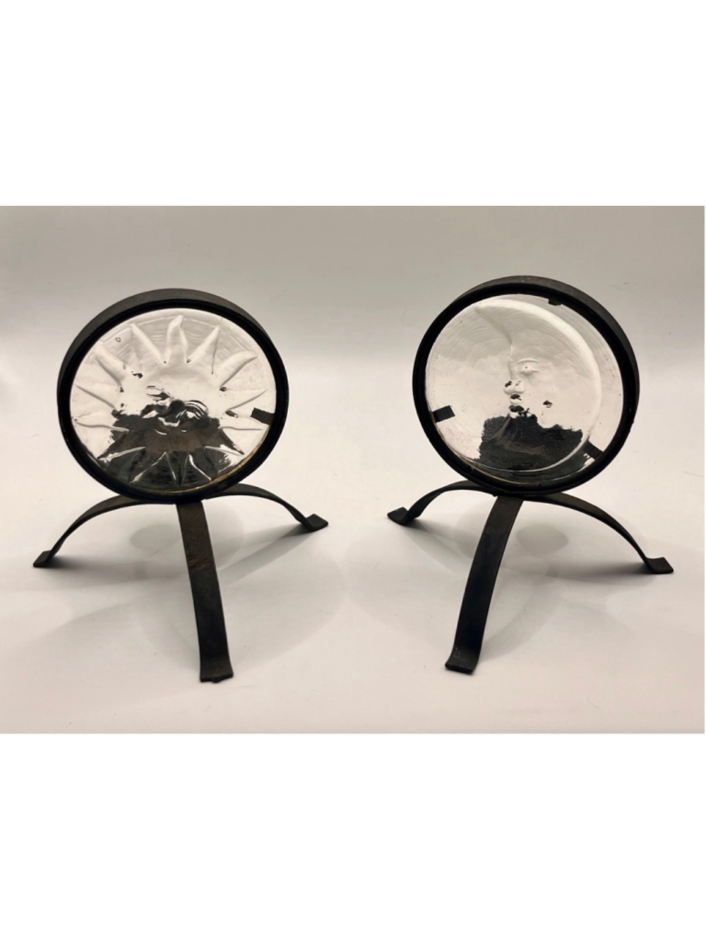 Vintage Sun Moon Face Glass Tealight Candle Holders Black Metal Stands Pair